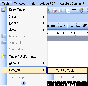 Table / Convert / Text to Table… 
