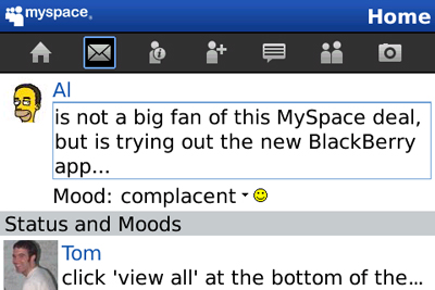 acreen shot of MySpace for BlackBerry