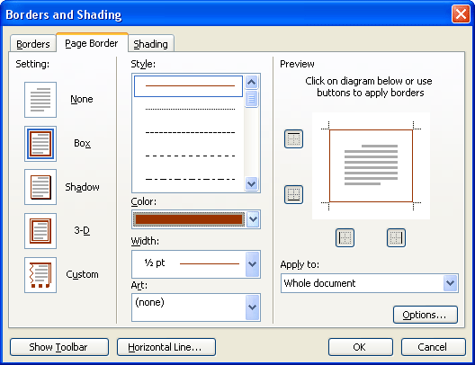 Border and Shading, Page border: 
