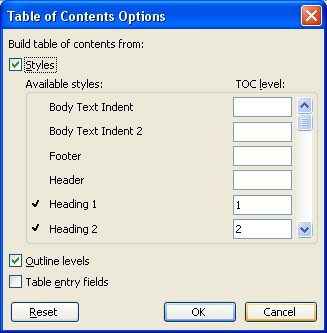 Table of Contents Options