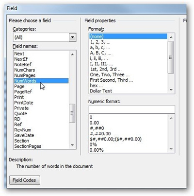 Sử dụng Field Codes để tạo bộ đếm chữ trong Word 2010