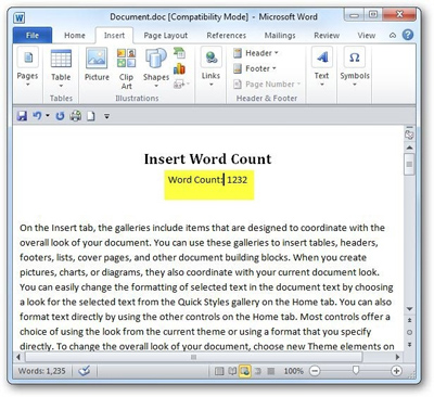 Sử dụng Field Codes để tạo bộ đếm chữ trong Word 2010