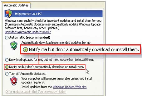 Hình 1: Bỏ chức năng tự động update bằng cách sắp xếp để Windows thông báo nhưng không cài đặt các bản sửa chữa mới nhất cho bạn