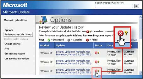 Kích vào biểu tượng màu đỏ trên trang 'update history'