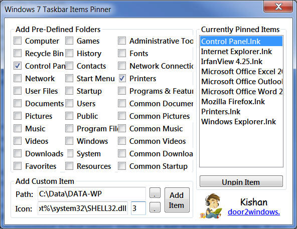 Giao diện của Taskbar Items Pinner