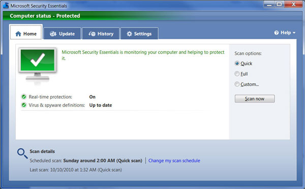 Giao diện của Microsoft Security Essentials