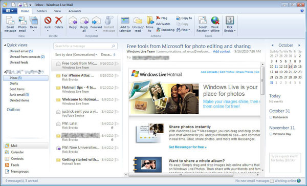 Giao diện của Windows Live Mail 2011