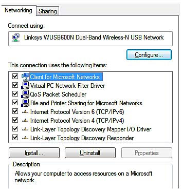 Hình 11: Tab Networking trên hộp thoại thuộc tính của Adapter Wifi.