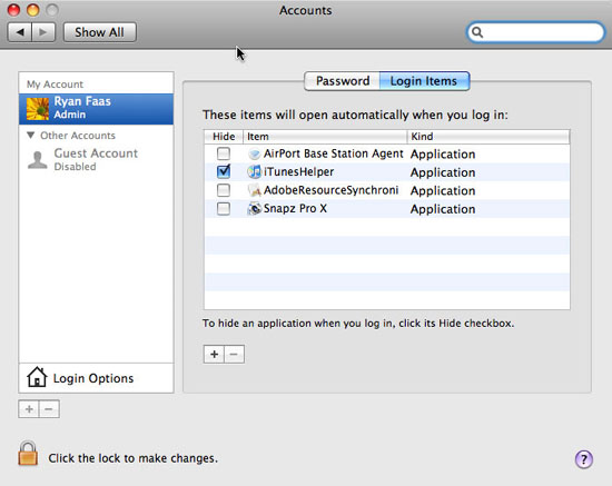 Selecting login items