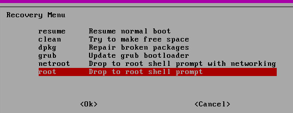chọn Drop to root shell prompt: