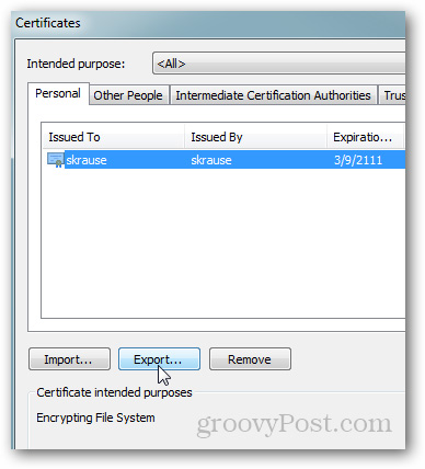 chọn EFS Certificate> Export