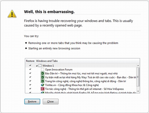 Firefox 18 mới nhất mắc lỗi khởi động lại
