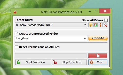 Giao diện NTFS Drive Protection Mã hóa và bảo vệ USB khỏi virus Autorun
