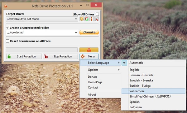 Thay đổi ngôn ngữ trên NTFS Drive Protection Mã hóa và bảo vệ USB khỏi virus Autorun