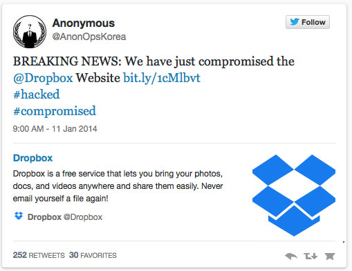 Nhóm Anonymous đăng tải Dropbox bị họ tấn công Dropbox bất ngờ bị nhóm hacker nổi tiếng Anonymous tấn công