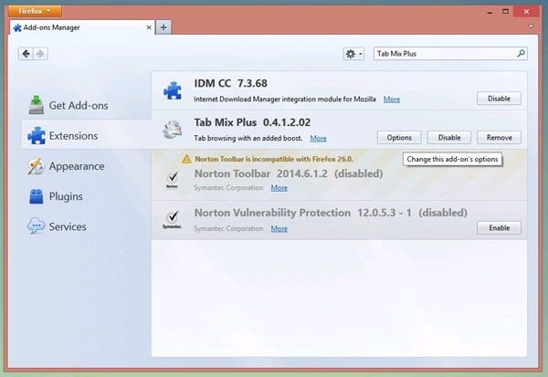 Ấn Options ở dòng thông tin Tab Mix Plus Làm thế nào để di chuyển các tab trong Firefox xuống dưới?