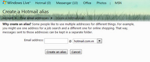 Tạo 5 tài khoản ảo từ một tài khoản chính trong Hotmail