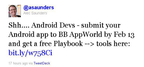 Alec Saunders kêu gọi các nhà lập trình Android trên Twitter.