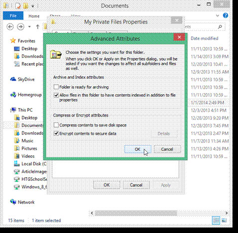 Đánh dấu kiểm vào mục Encrypt contents to secure data và nhấn OK Mã hóa tệp tin và thư mục trong Windows 8.1