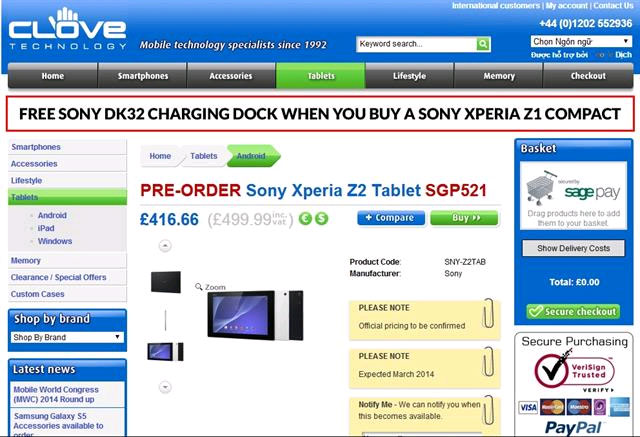 Giá bán Xperia Z2 Tablet tại kệ hàng trực tuyến của các nhà bán lẻ rẻ hơn nhiều so với Sony Đến lượt Sony Xperia Z2 Tablet có giá bán