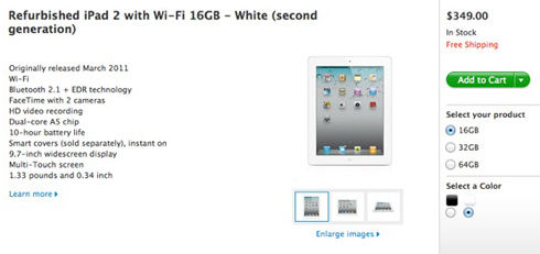 iPad 2 Refurbished giá khởi điểm 350 USD.