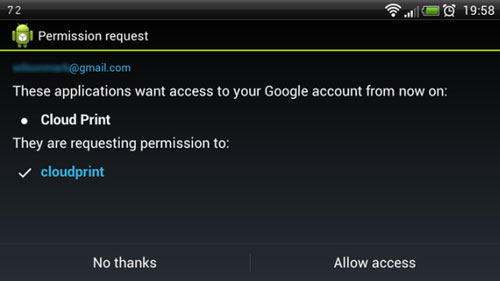 Khai báo tài khoản chia sẻ máy in In từ xa bằng thiết bị Android