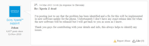 Phản hồi từ một đại diện của Sony trên mạng cho biết lỗi trên sẽ được khắc phục  qua bản cập nhật phần mềm mới. Xperia Z bị tố dính lỗi 'đột tử'