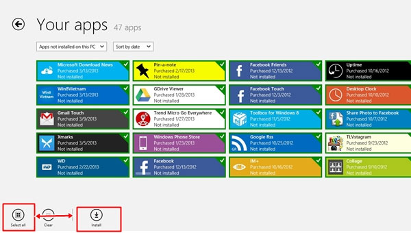 Nhấn vào tùy chọn "Select All" để chọn hết tất cả các ứng dụng trong danh sách và chọn tiếp "Install" để tiến hành quá trình tải và cài đặt các ứng dụng. Hướng dẫn cài đặt lại ứng dụng Modern UI trên máy tính Windows 8 mới