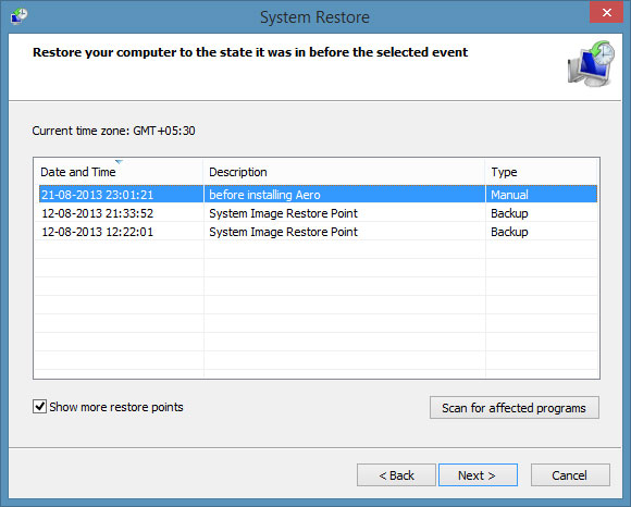 Nhấn Next để tiếp tục Tạo điểm sao lưu và phục hồi trong Windows 8.1