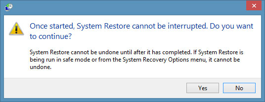 hãy nhấn "Yes" để xác nhận Tạo điểm sao lưu và phục hồi trong Windows 8.1