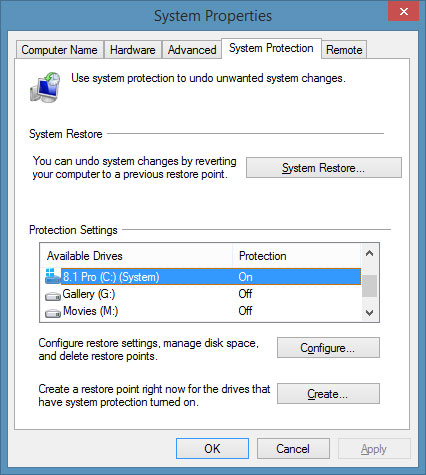 trong hộp thoại Configure, bạn nhấn chọn "Turn On" để kích hoạt bảo vệ cho ổ đĩa Tạo điểm sao lưu và phục hồi trong Windows 8.1