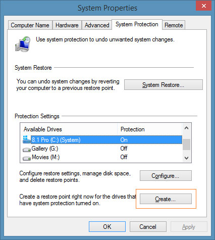 nhấn tiếp vào nút lệnh "Create" Tạo điểm sao lưu và phục hồi trong Windows 8.1