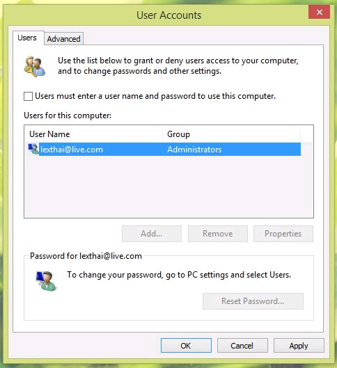 Bỏ qua bước đăng nhập khi khởi động Windows 8.1