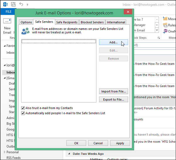 Cách thêm địa chỉ email vào danh sách Safe Senders trong Outlook 2013