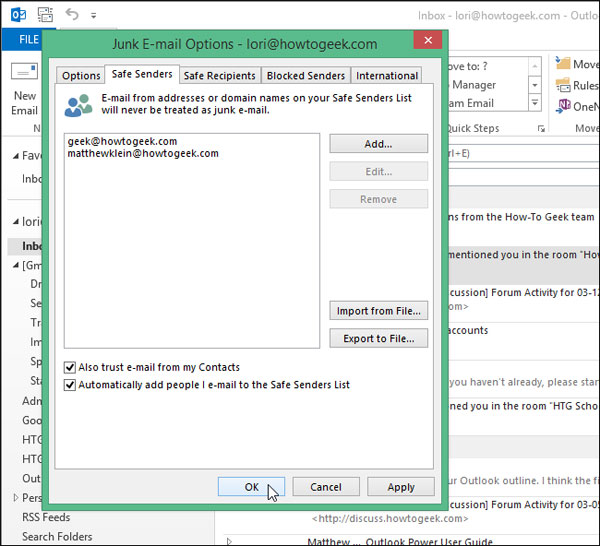 Cách thêm địa chỉ email vào danh sách Safe Senders trong Outlook 2013