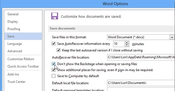 Bỏ qua tùy chọn nơi lưu trữ tập tin trong Office 2013