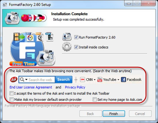 Tùy chọn cài thêm thành phẩn quảng cáo "The Ask Toolbar" khi cài đặt phần mềm Format Factory. Cách tránh cài phải ứng dụng quảng cáo