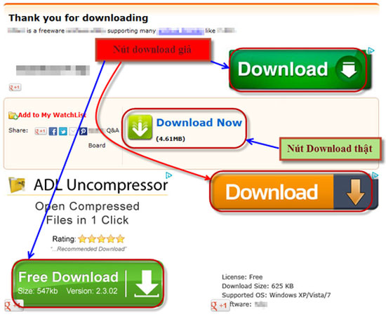 Các nút Download giả và thật trên một trang web chia sẻ tập tin. Cách tránh cài phải ứng dụng quảng cáo