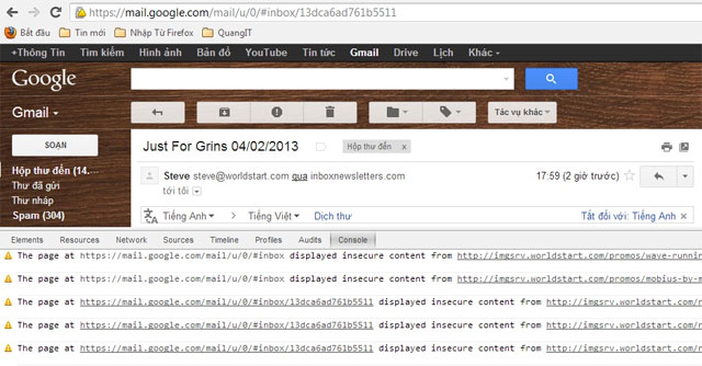 Khi đó, hãy nhấp vào Tab Console và bạn sẽ nhận được danh sách tất cả các cảnh báo hoặc lỗi như hình dưới đây. Phân biệt HTTPS, SLL, thanh Address
