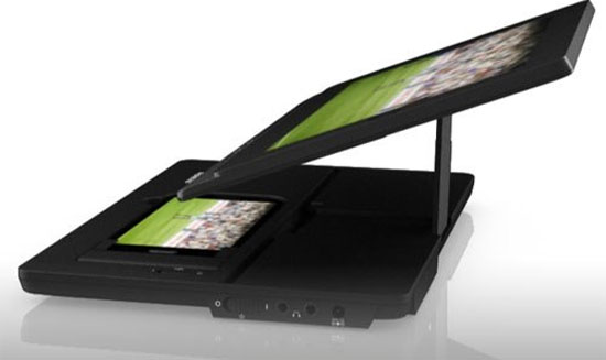 Khớp xoay linh hoạt cho phép màn hình quay ngược ra sau.  Thiết bị biến điện thoại thành máy tính bảng