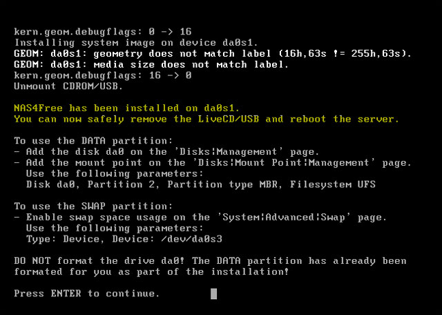 Sau khi đã hoàn thành tùy chọn Swap, quá trình cài đặt sẽ được tiến hành, từ bước này ta không cần phải thao tác gì thêm. Thời gian cài đặt tốn chưa đến 1 phút kể cả trên các máy cấu hình yếu. Tự xây dựng hệ thống NAS đơn giản: Phần 2: Cài đặt