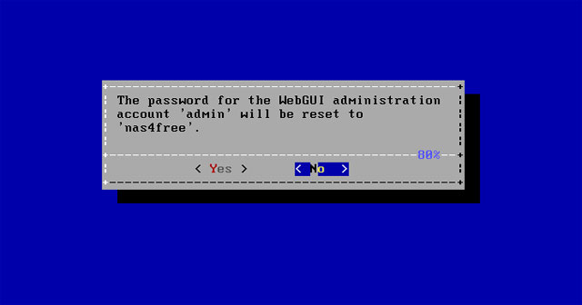 Lựa chọn 3 dùng để reset password của giao diện quản trị Web về mặc định “nas4free” trong trường hợp ta bất cẩn quên mất. Tương tự thao tác hard reset modem để lấy lại mật khẩu mặc định “admin” mà ta nhiều người thường phải làm. Tự xây dựng hệ thống NAS đơn giản: Phần 2: Cài đặt
