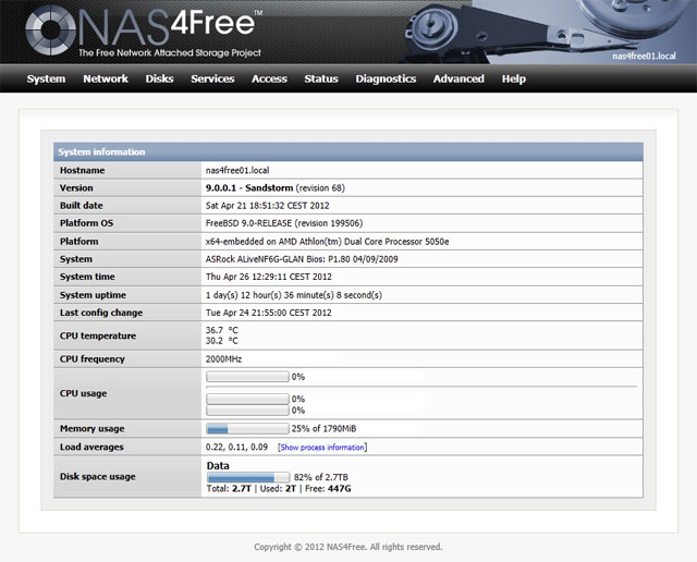 Giao diện cấu hình Web của NAS4Free làm việc mặc định trên port 80. V Tự xây dựng hệ thống NAS đơn giản, phần 3: Cấu hình lưu trữ căn bản