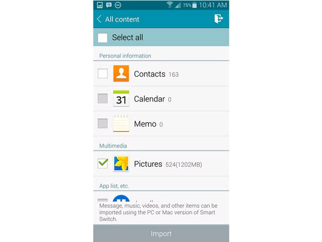 Nhấn Import để tải dữ liệu Chuyển dữ liệu từ iPhone sang Galaxy S5
