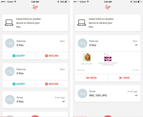 Giao diện của Infinit trên iOS Giao diện của Infinit trên iOS