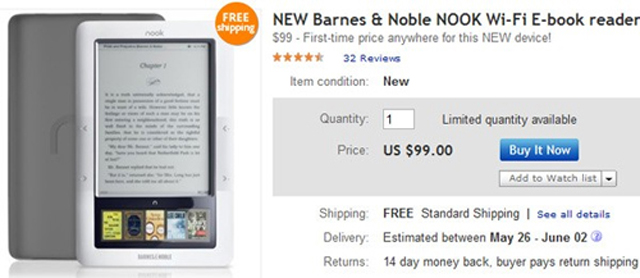 Sách điện tử Nook còn 99 USD trên Ebay