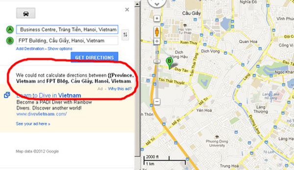Google chặn tính năng dẫn đường ở VN