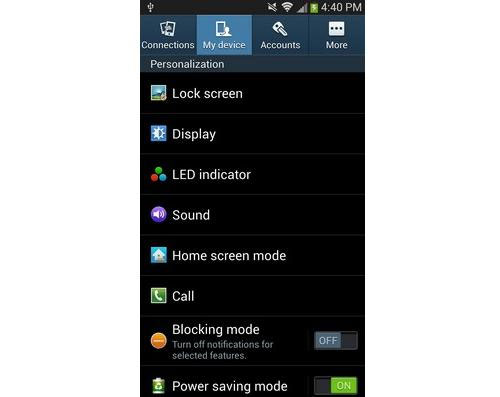 Mở menu Settings và nhấn vào tab (thẻ) “My Device” ở phía trên màn hình. Chèn shortcut vào màn hình khóa của Galaxy S4