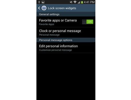 Nhấn vào “Lock screen widgets”, gạt nút cạnh “Favorite Apps or Camera” từ “Off” sang “On”. Chèn shortcut vào màn hình khóa của Galaxy S4