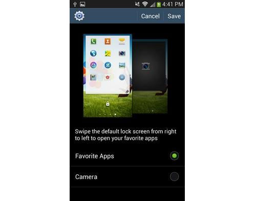 Nhấn vào “Favorite Apps or Camera”, chọn “Favorite Apps” (các ứng dụng yêu thích) hoặc “Camera app” (ứng dụng camera) từ màn hình khóa. Nhấn “Save” phía trên. Chèn shortcut vào màn hình khóa của Galaxy S4